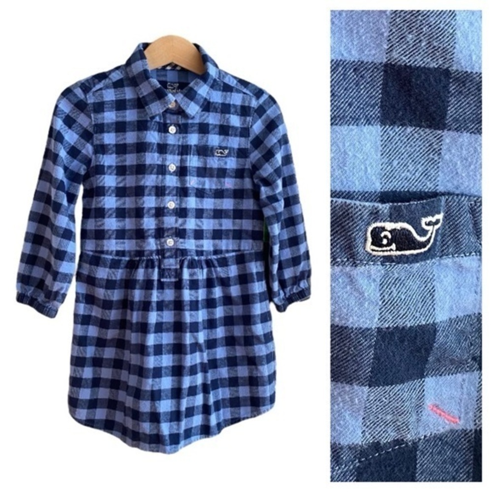Vineyard Vine Blue Lighthouse Gingham Plaid Flannel Shirt Dress 4t